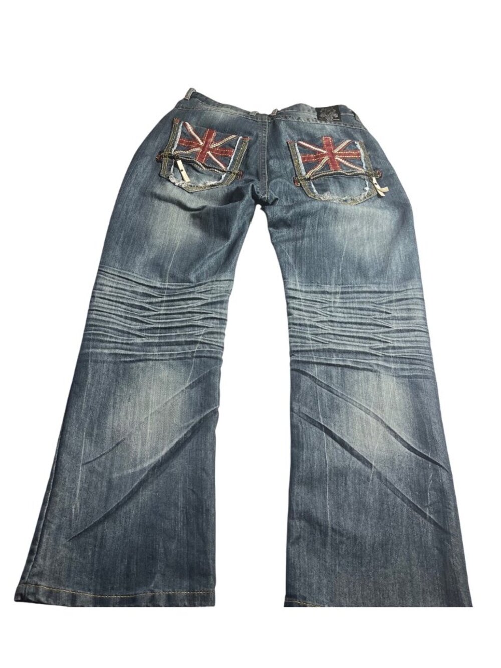 GS115 London 38 Distressed Blue Denim Jeans Union Jack biker streetwear Y2K